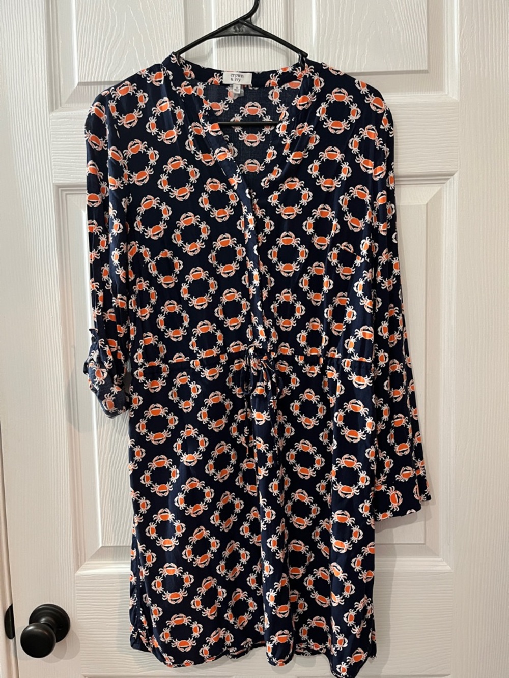 crown & ivy Navy Dress with Orange and White Crab Print